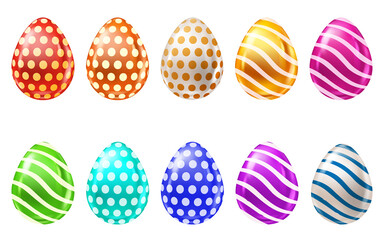 Set of realistic colorful easter eggs with pattern, collection. Vector illustration isolated on white background