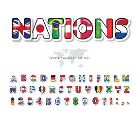 World flags cartoon font. Paper cutout glossy ABC letters and numbers. Bright alphabet for tourism design. Vector