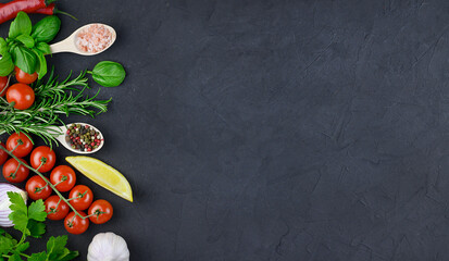 Colorful various herbs and spices for cooking on dark background, copy space, mock up, banner