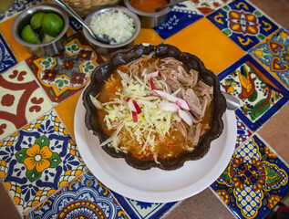 Spicy green pozole, a speciality in Guadalajara, Jalisco, Mexico