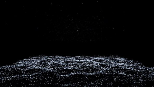 Abstract animation. Stylized wave and stars are flying forward. White waves, black background. Digital animation. 4K