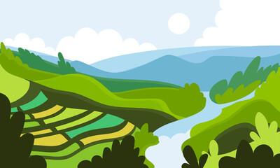 Fototapeta na wymiar Beautiful Japan landscape flat cartoon illustration. Asian nature, sunshine, summer scene banner design. Forest and mountains abstract printing card.