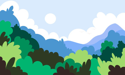 Obraz premium Beautiful Japan landscape flat cartoon illustration. Asian nature, sunshine, summer scene banner design. Forest and mountains abstract printing card.