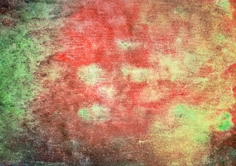 abstract textural background with red, green and yellow paint spots, strokes