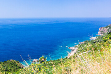 Panoramic view of beautiful landscape mountains and coastline azure sea. Aerial skyline of beaches and Adriatic coast, Montenegro.
