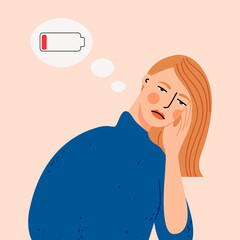 Tired woman feeling frustrated flat cartoon illustration. Lack of motivation, hard to concentrate  banner design. Fatigue and depression symptoms background