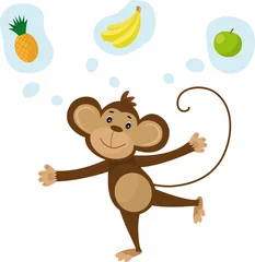 Papier Peint photo Singe Vector illustration of a cute cartoon monkey with banana, apple and pineapple