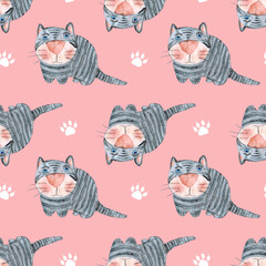 Sad nosy gray fat striped cat and prints of its paws. Seamless pattern with cute pets on pink background for kids. Hand painted watercolor illustration. Wallpaper in themes animals and emotions. 