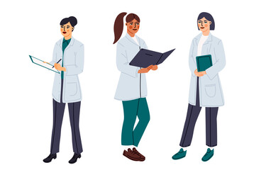 Female doctor set isolated vector illustration. Woman pharmacist design elements collection. Healthcare specialist character in cartoon style.	
