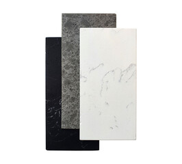 interior artificial stone samples ,marble texture, in white grey and black color isolated on white backgrond with clipping path. interior stone material for counter top ,table top finishing.  