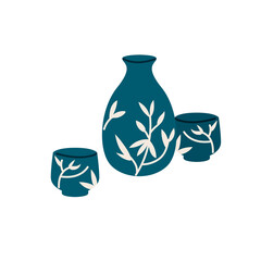 Traditional sake bottle and cups isolated vector illustration. Japanese ceramic jug for rice wine design element. Asian beverage icon in cartoon style.