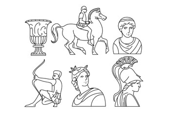 Ancient greek sculptures collection. Antique statue set with male and female characters. Different Outline marble busts .