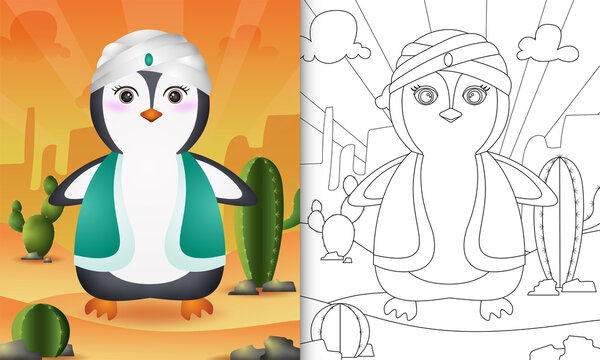 Coloring Book For Kids Themed Ramadan With A Cute Penguin Using Arabic Traditional Costume