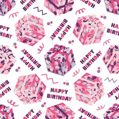 Happy Birthday greeting and gift box 3d effect seamless vector pattern background.Backdrop with confetti decorated presents, celebration typography memphis style shapes. Funky repeat for party concept