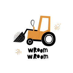 Vector hand-drawn color children's illustration, poster, print with a cute truck and lettering wroom in Scandinavian style on a white background. Building equipment. Funny construction transport.