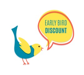 Early bird discount banner in paper cut style. Yellow speech bubble with red frame. Special discount sale event banner or poster template with chirping cute bird. Vector flat illustration.