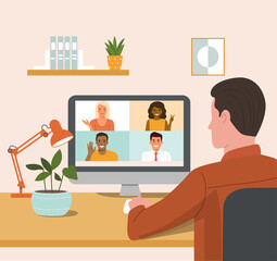 Young man is talking to his friends  through video chat. Back view. Vector flat style cartoon illustration.