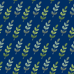 Seamless watercolor pattern. Rustic aquarelle twigs. Painting green leaves on dark blue background. Botanical illustration by hand. Uniform texture for wallpapers, fabrics, covers. Forest backdrop. 