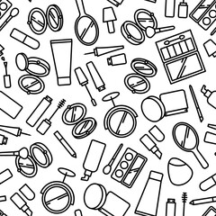 Vector seamless pattern of cosmetics elements with flat line icons