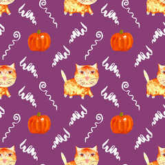 Baby Halloween pattern with cute ginger cats and pumpkins for fabric and stationery. Mystical violet background with cartoon character animals. Watercolor illustration in the themes of holidays, pets.