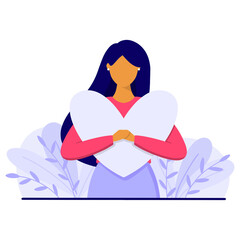 Woman hugs a big heart. Mental health and care, charity, self love, self acceptance concept. Flat style vector illustration.