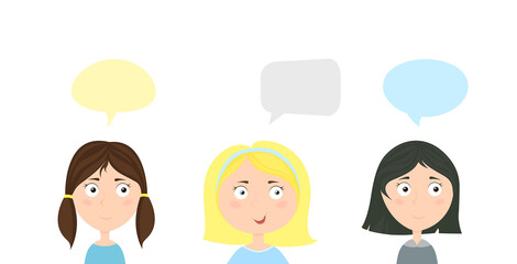 Three girls with speech bubble. Vector illustration isolated on white background