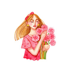 Cute watercolor illustration of a girl in a pink T-shirt and holding flowers.