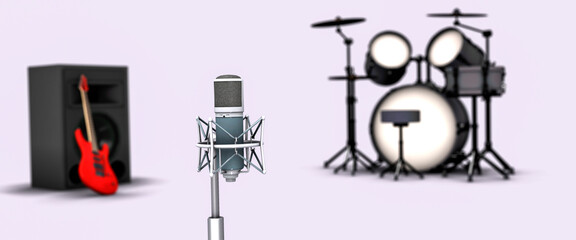 Music concert stage with guitar and drums and microphone on pale background 3d render
