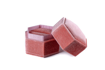 Gift box and engagement gold ring with diamond on white background. Wedding, romantic concept. Jewelry. Top view. Flat lay