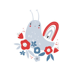 Greeting card with cute snail, flowers and plants. Cute cartoon illustration of a snail. Character. Vector doodle style illustration. Flat llustration, poster, print for kids t-shirt, baby wear.