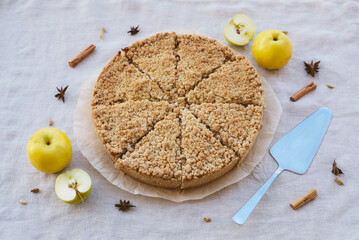 Freshly baked homemade double crutsed apple crumb pie. Sweet food from above,