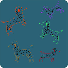 Five coloured Dalmatian Dogs on half green half blue background.