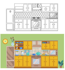 Modern cozy interior of the kitchen with a stove, wardrobe, refrigerator. Drawing of a modern kitchen in lines. Vector graphic design template. Vector illustration of a flat style.