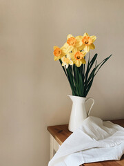 Beautiful bouquet of fresh yellow daffodil flowers in full bloom in vase against white background, close up. Space for text. Spring blossoms. Still life with bunch of narcissuses.