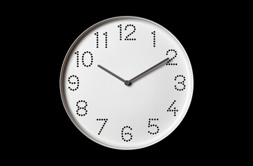 minimalist white wall clock with hour and minute hands on black background
