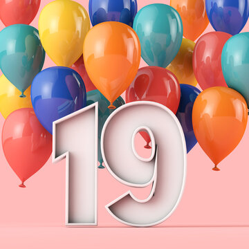 Happy 19th birthday background with colourful balloons. 3D Rendering