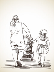 people family walking back view hand drawn