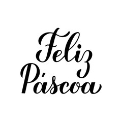 Happy Easter calligraphy hand lettering in Portuguese language isolated on white. Easter celebration typography poster. Vector template for party invitation, greeting card, banner, sticker, etc