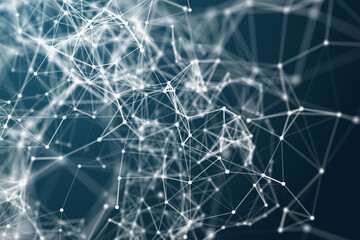 Artificial deep green background with dots and lines in an unevenly lit space. Plexus composition. Shallow depth of field