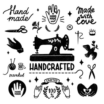 Handmade and handcrafted vector icons set - vintage elements in stamp style, sewing machine and hand made letterings. Vintage vector illustration for banner and label design.