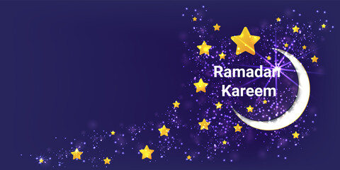 Ramadan Kareem poster or invitations design with 3d paper cut stars and moon on violet background. Vector illustration. Place for text.