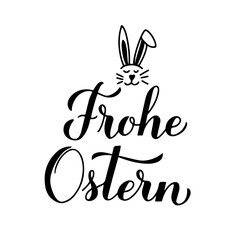Happy Easter calligraphy hand lettering in German language with cute bunny face. Easter celebration typography poster. Vector template for party invitation, greeting card, banner, sticker, etc