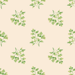 Seamless herbal pattern with watercolor green parsley leaves on beige background decor and textile
