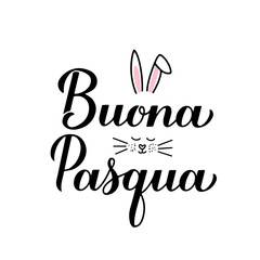 Happy Easter calligraphy hand lettering in Italian language with cute bunny face. Easter celebration typography poster. Vector template for party invitation, greeting card, banner, sticker, etc.