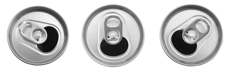 Close up of aluminum can on a top view isolated​ on​ white​ background.​ , soda can white and black. Open can