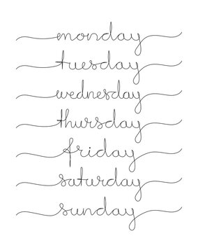 Days of the week set. Continuous one line drawing. Minimalistic art. Vector illustration.