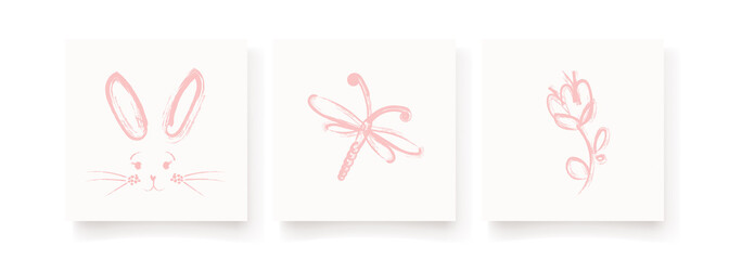 Design for birthday invitation with hand-drawn watercolor rabbit, dragonfly, flower. Baby design for birthday invitation or baby shower, poster, clothing, nursery wall art and postcard.