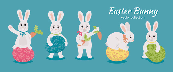 Easter Bunny and eggs - set. Vector collection of rabbits or hares with Easter eggs. Template 