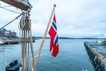 Norway flag on the boat in Oslo