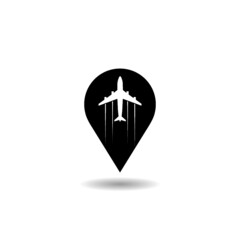 Airplane map pin icon with shadow